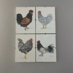 Vtg 4 Rooster Prints Wall Plaques Farmhouse Kitchen Chicken Barred Plymouth Rock